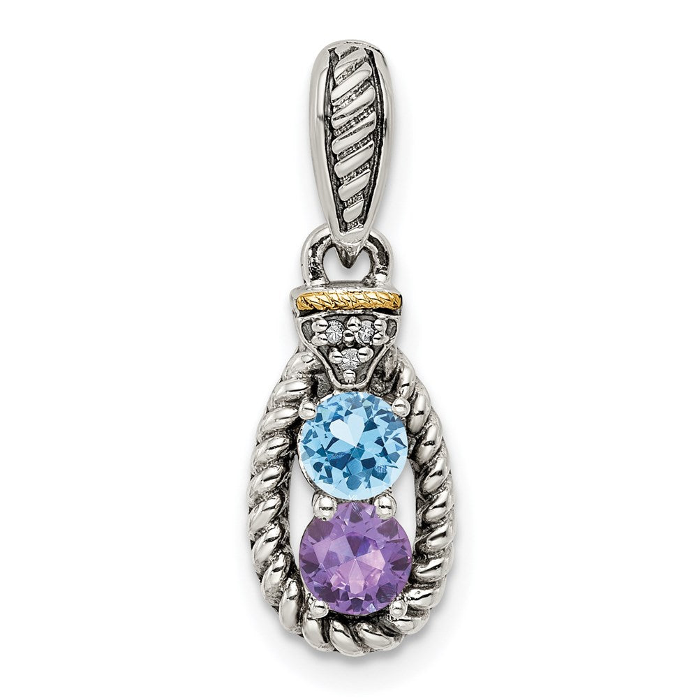 Sterling Silver Antiqued w/14K/Silver Two-Tone 2-stone W/diamond Mother's Pendant