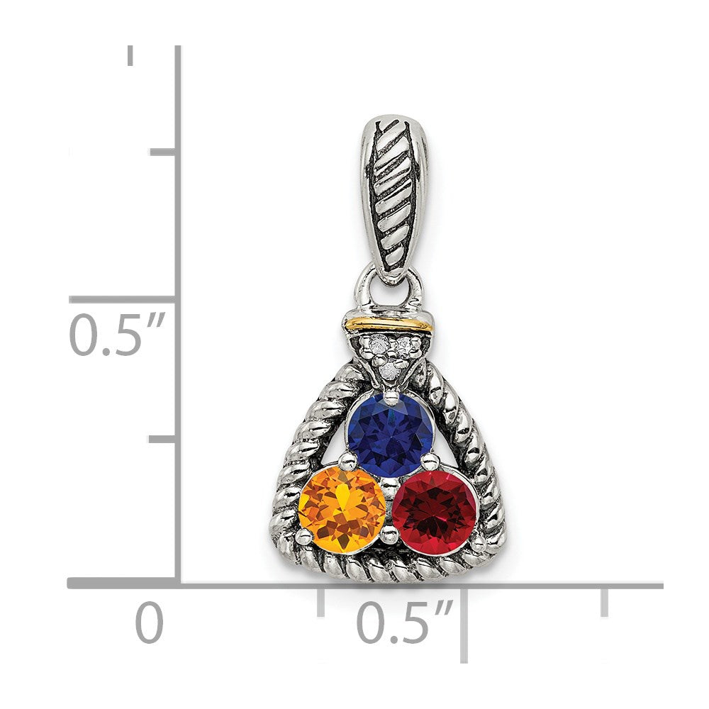 Sterling Silver Antiqued w/14K/Silver Two-Tone 3-stone W/diamond Mother's Pendant
