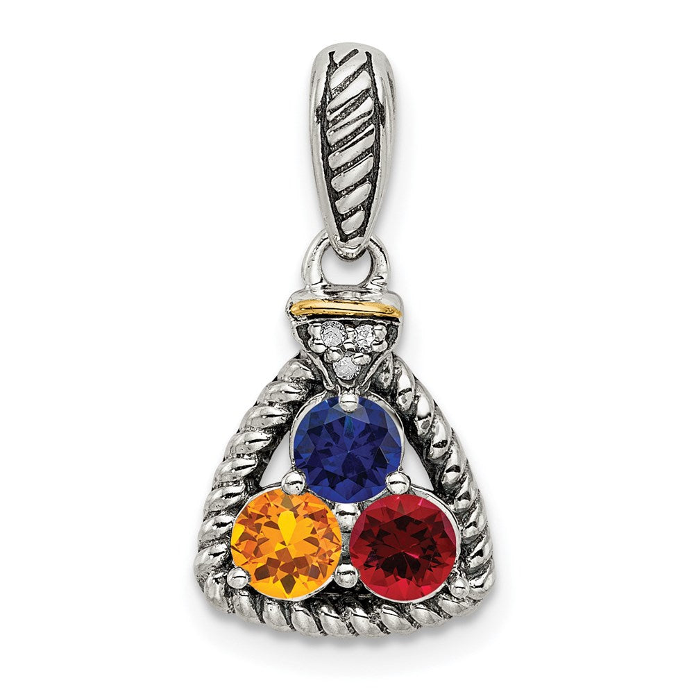 Sterling Silver Antiqued w/14K/Silver Two-Tone 3-stone W/diamond Mother's Pendant