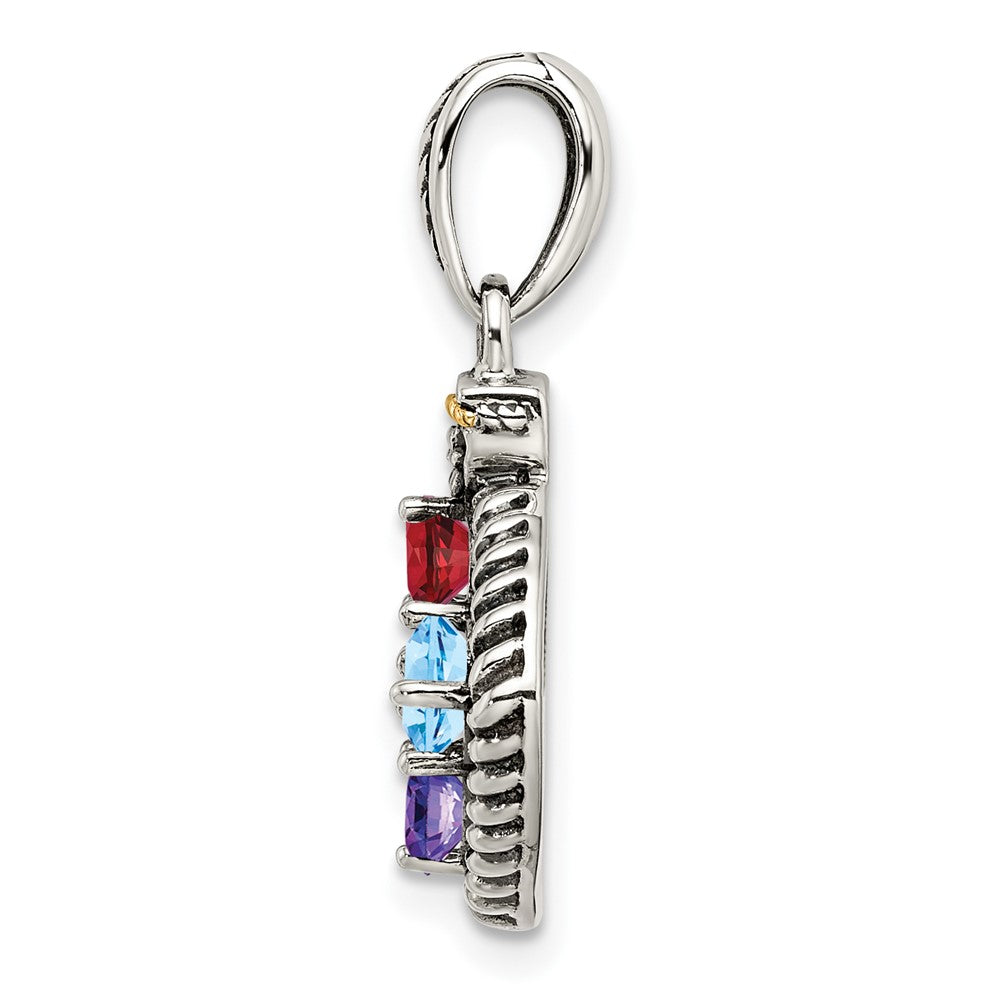 Sterling Silver Antiqued w/14K/Silver Two-Tone 4-stone W/diamond Mother's Pendant
