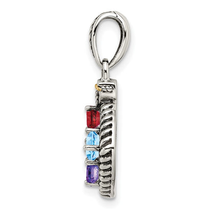 Sterling Silver Antiqued w/14K/Silver Two-Tone 4-stone W/diamond Mother's Pendant
