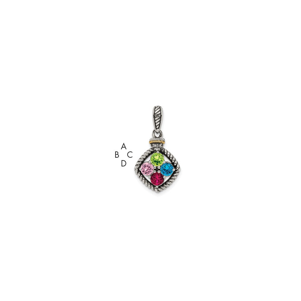 Sterling Silver Antiqued w/14K/Silver Two-Tone 4-stone W/diamond Mother's Pendant