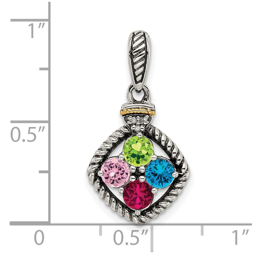Sterling Silver Antiqued w/14K/Silver Two-Tone 4-stone W/diamond Mother's Pendant