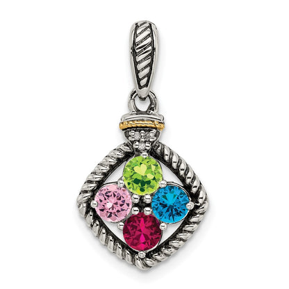 Sterling Silver Antiqued w/14K/Silver Two-Tone 4-stone W/diamond Mother's Pendant