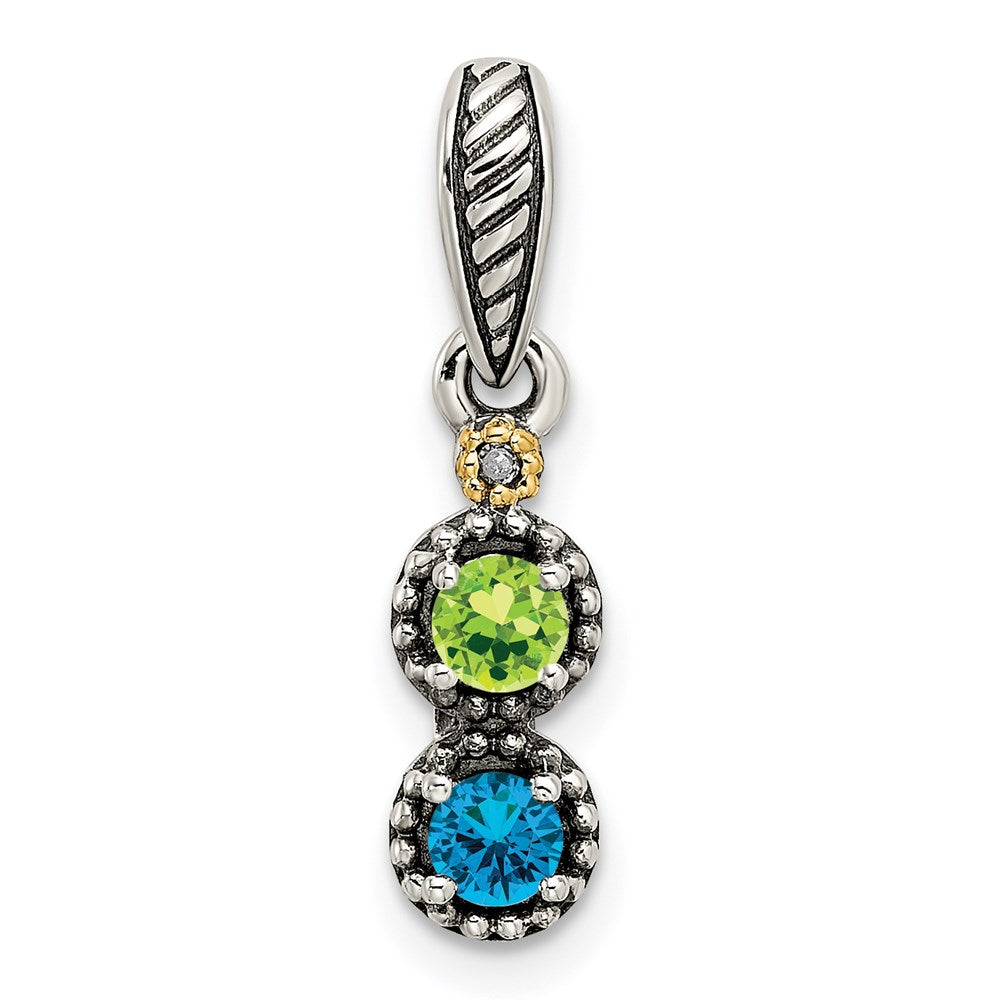 Sterling Silver Antiqued w/14K/Silver Two-Tone 2-stone W/diamond Mother's Pendant