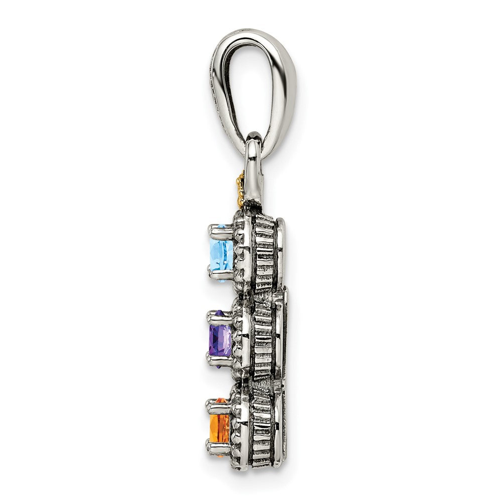 Sterling Silver Antiqued w/14K/Silver Two-Tone 3-stone W/diamond Mother's Pendant