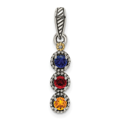 Sterling Silver Antiqued w/14K/Silver Two-Tone 3-stone W/diamond Mother's Pendant