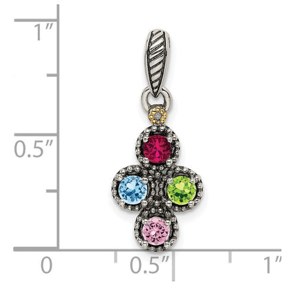 Sterling Silver Antiqued w/14K/Silver Two-Tone 4-stone W/diamond Mother's Pendant