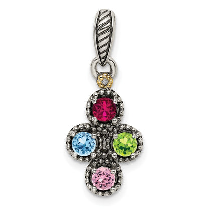 Sterling Silver Antiqued w/14K/Silver Two-Tone 4-stone W/diamond Mother's Pendant