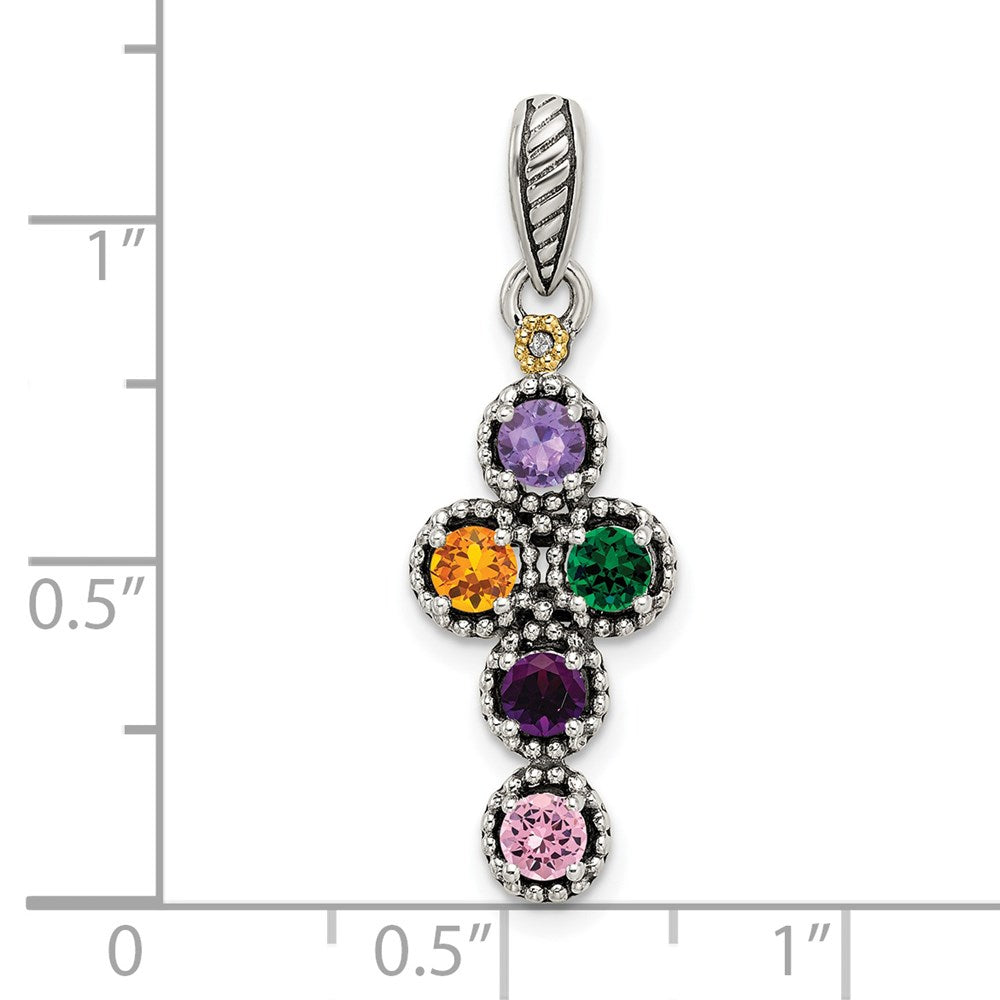 Sterling Silver Antiqued w/14K/Silver Two-Tone 5-stone W/diamond Mother's Pendant
