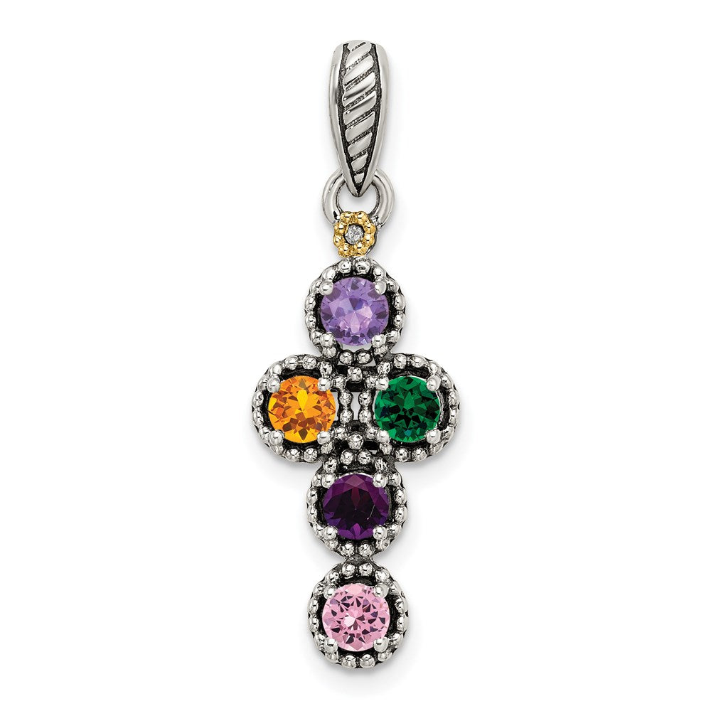 Sterling Silver Antiqued w/14K/Silver Two-Tone 5-stone W/diamond Mother's Pendant