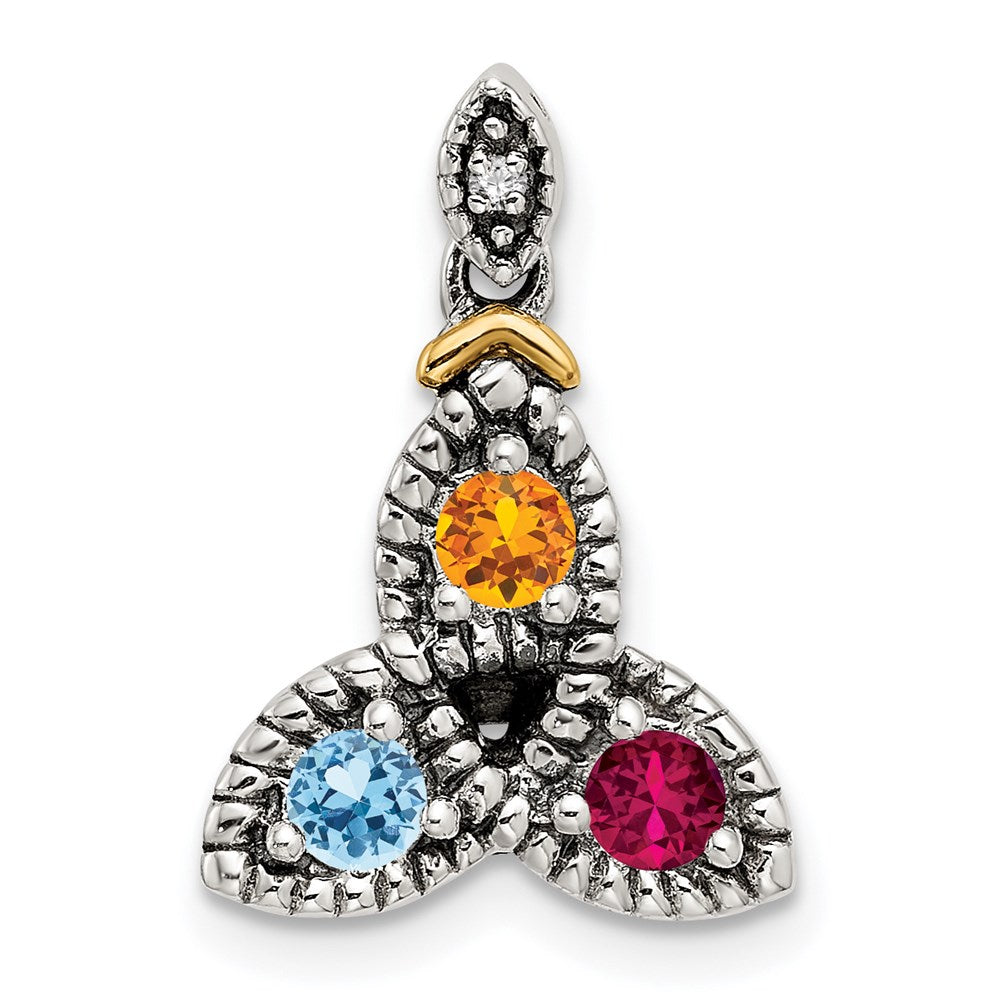 Sterling Silver Antiqued w/14K/Silver Two-Tone 3-stone W/diamond Mother's Pendant