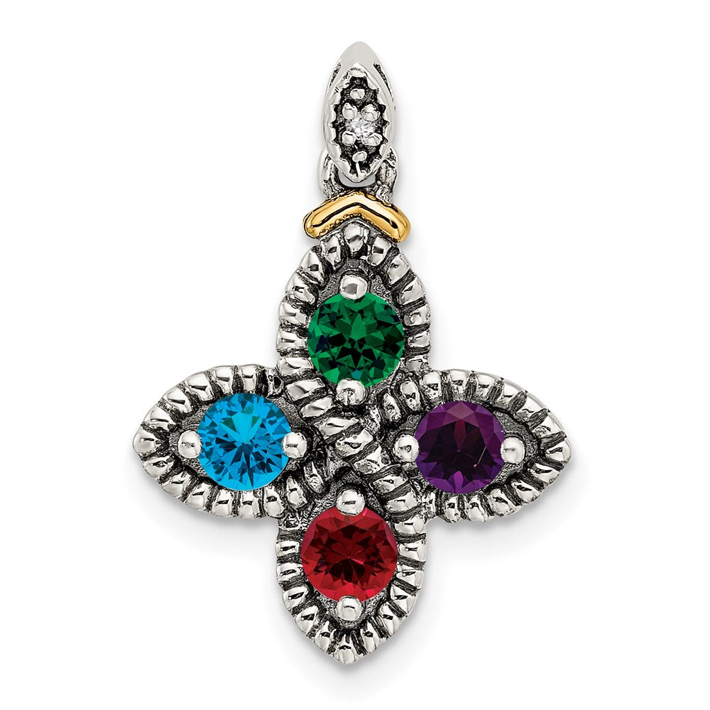 Sterling Silver Antiqued w/14K/Silver Two-Tone 4-stone W/diamond Mother's Pendant