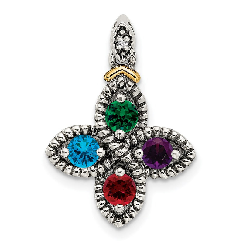 Sterling Silver Antiqued w/14K/Silver Two-Tone 4-stone W/diamond Mother's Pendant