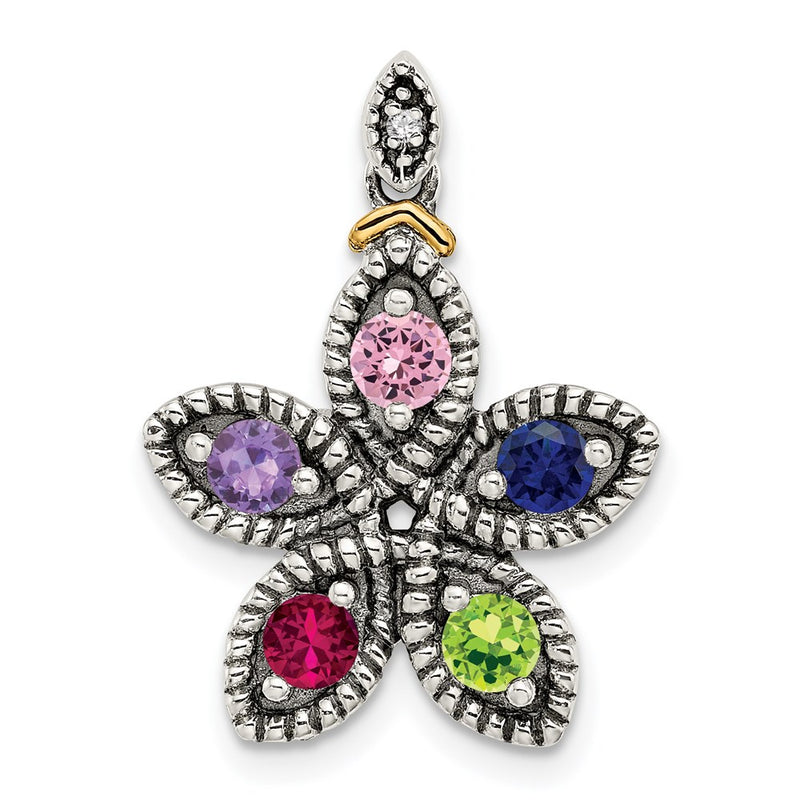Sterling Silver Antiqued w/14K/Silver Two-Tone 5-stone W/diamond Mother's Pendant