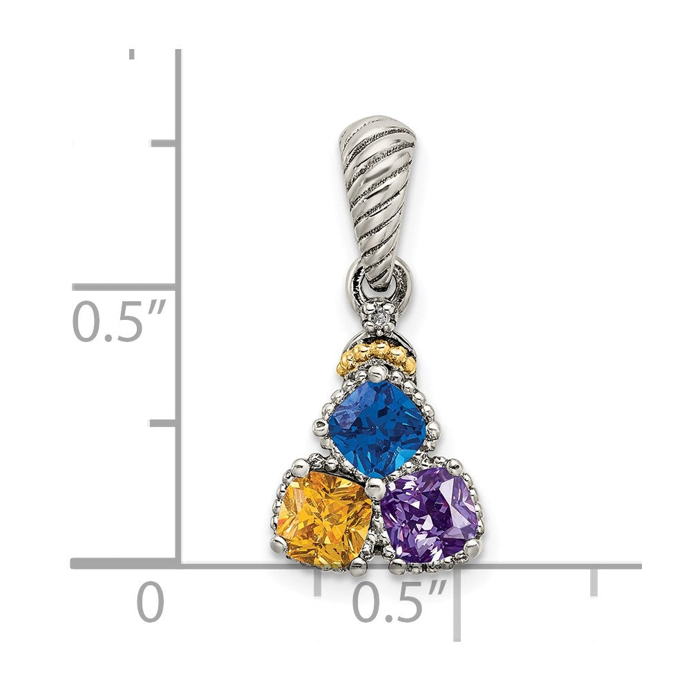Sterling Silver Antiqued w/14K/Silver Two-Tone 3-stone W/diamond Mother's Pendant