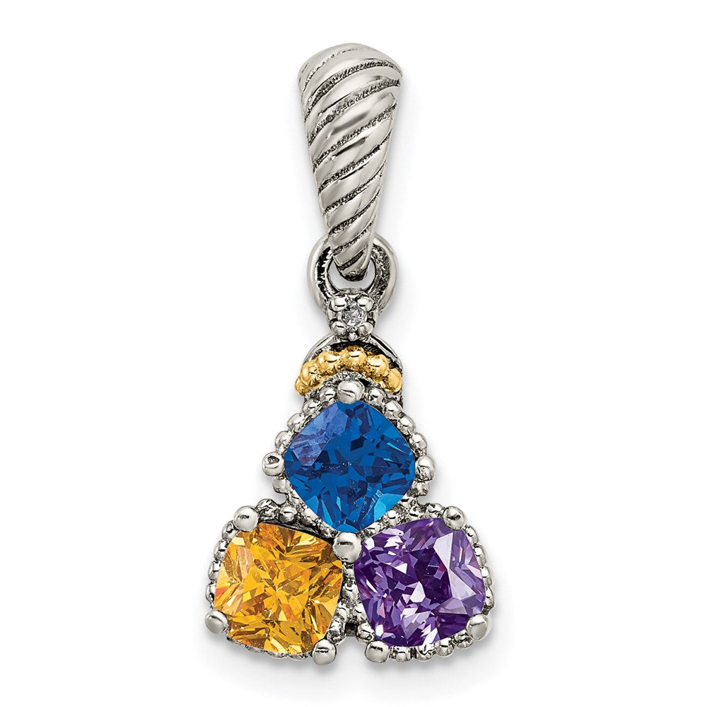 Sterling Silver Antiqued w/14K/Silver Two-Tone 3-stone W/diamond Mother's Pendant