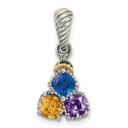 Sterling Silver Antiqued w/14K/Silver Two-Tone 3-stone W/diamond Mother's Pendant