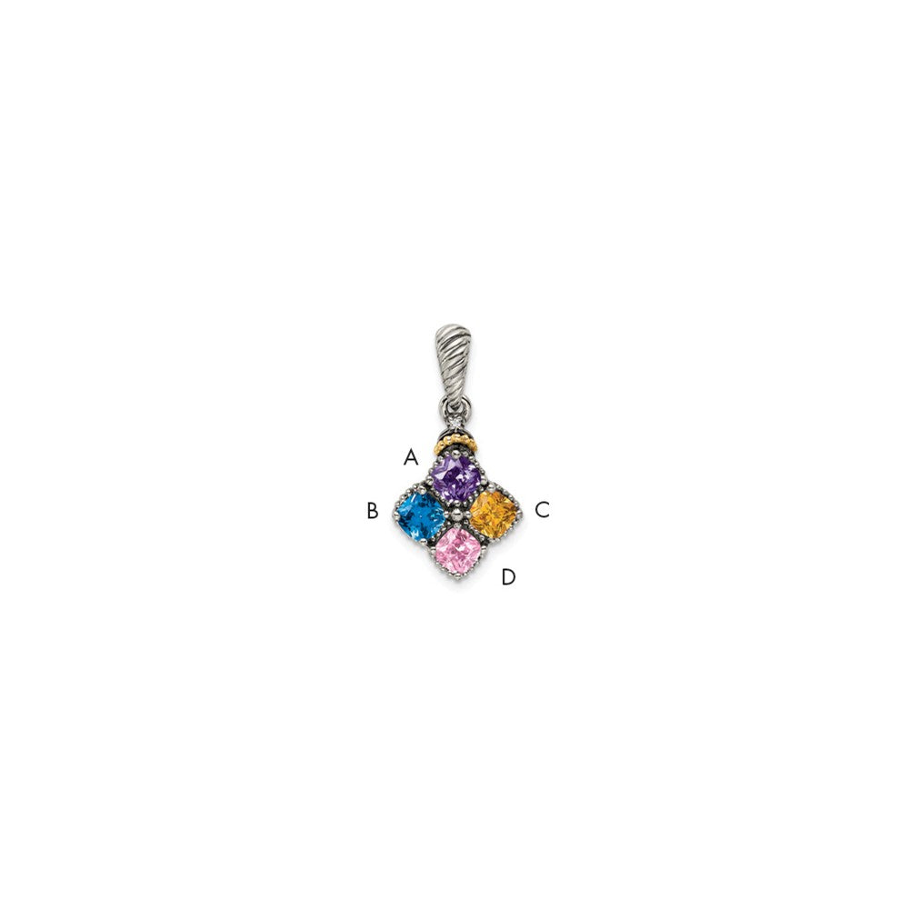 Sterling Silver Antiqued w/14K/Silver Two-Tone 4-stone W/diamond Mother's Pendant