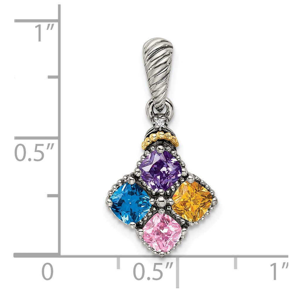 Sterling Silver Antiqued w/14K/Silver Two-Tone 4-stone W/diamond Mother's Pendant