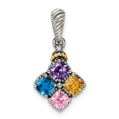 Sterling Silver Antiqued w/14K/Silver Two-Tone 4-stone W/diamond Mother's Pendant