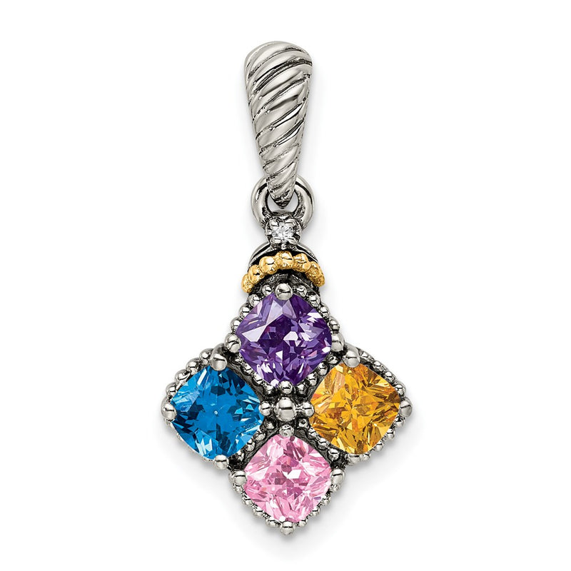 Sterling Silver Antiqued w/14K/Silver Two-Tone 4-stone W/diamond Mother's Pendant