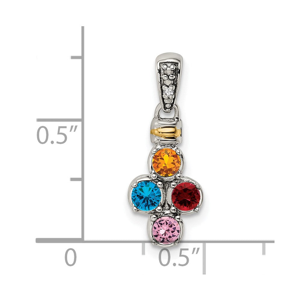 Sterling Silver Antiqued w/14K/Silver Two-Tone 4-stone W/diamond Mother's Pendant