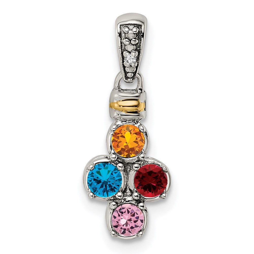 Sterling Silver Antiqued w/14K/Silver Two-Tone 4-stone W/diamond Mother's Pendant