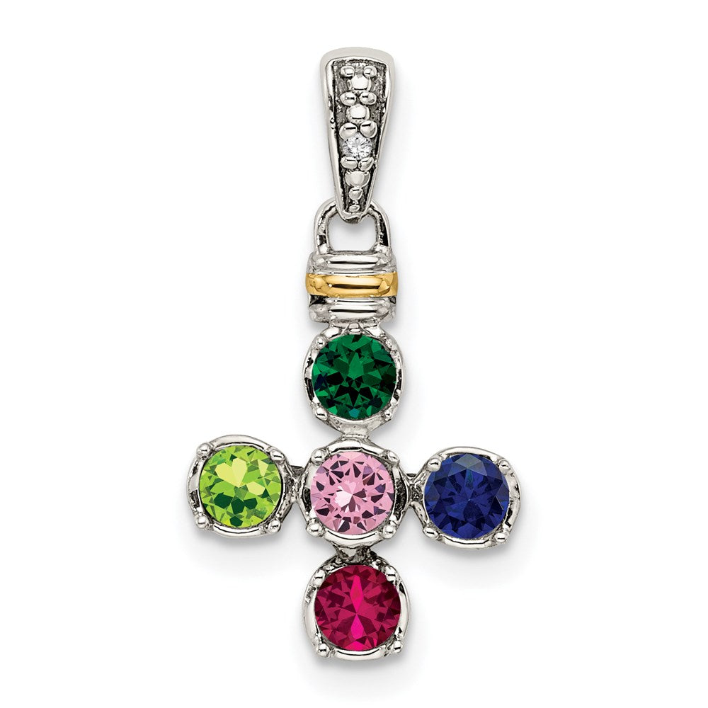 Sterling Silver Antiqued w/14K/Silver Two-Tone 5-stone W/diamond Mother's Pendant