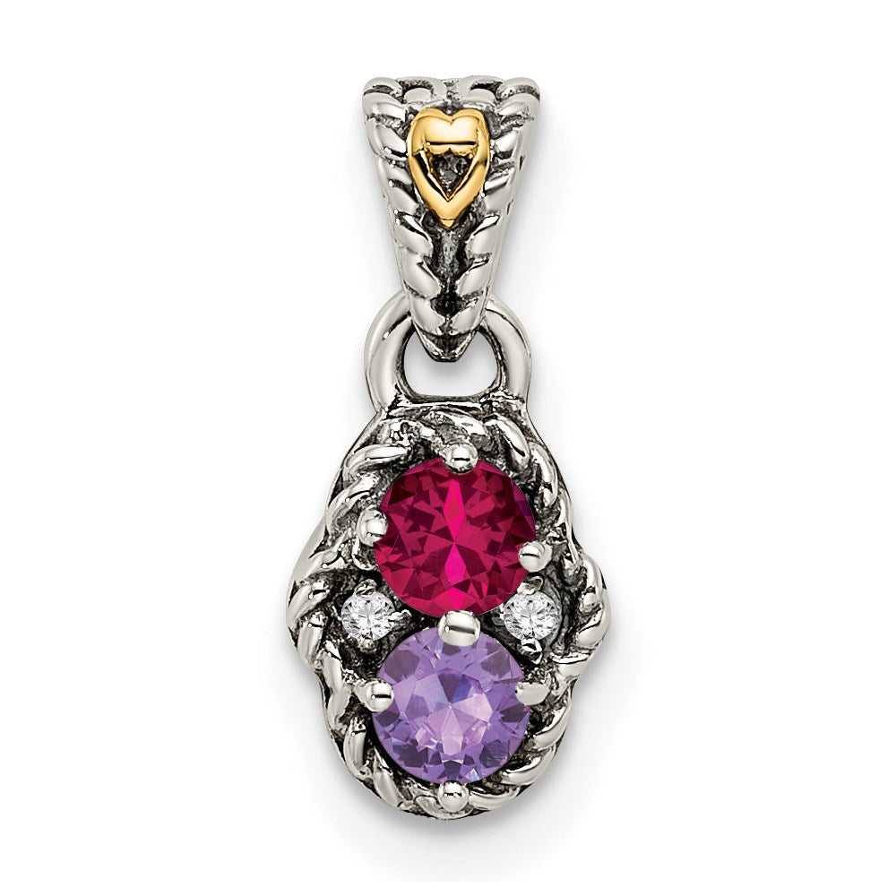 Sterling Silver Antiqued w/14K/Silver Two-Tone 2-stone W/diamond Mother's Pendant