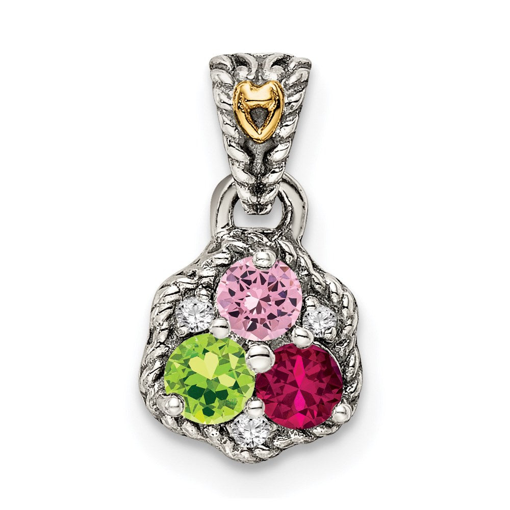 Sterling Silver Antiqued w/14K/Silver Two-Tone 3-stone W/diamond Mother's Pendant