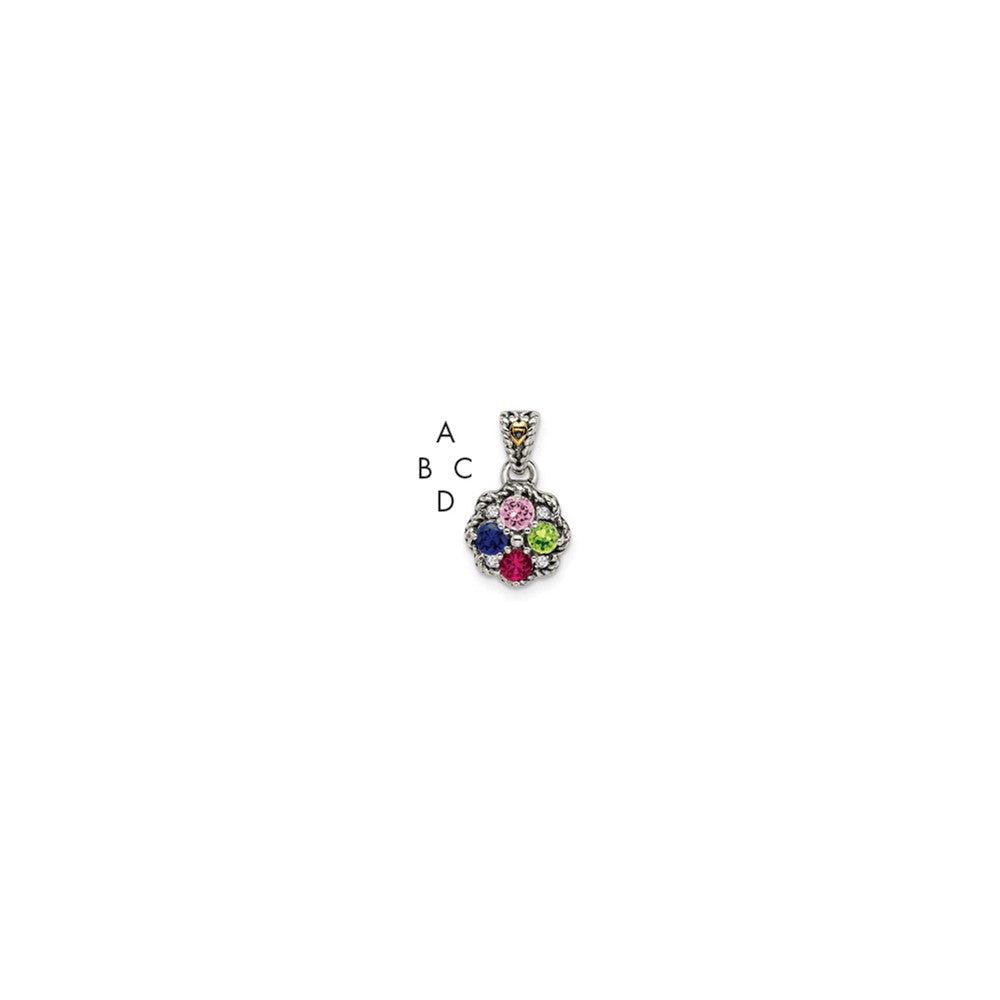 Sterling Silver Antiqued w/14K/Silver Two-Tone 4-stone W/diamond Mother's Pendant
