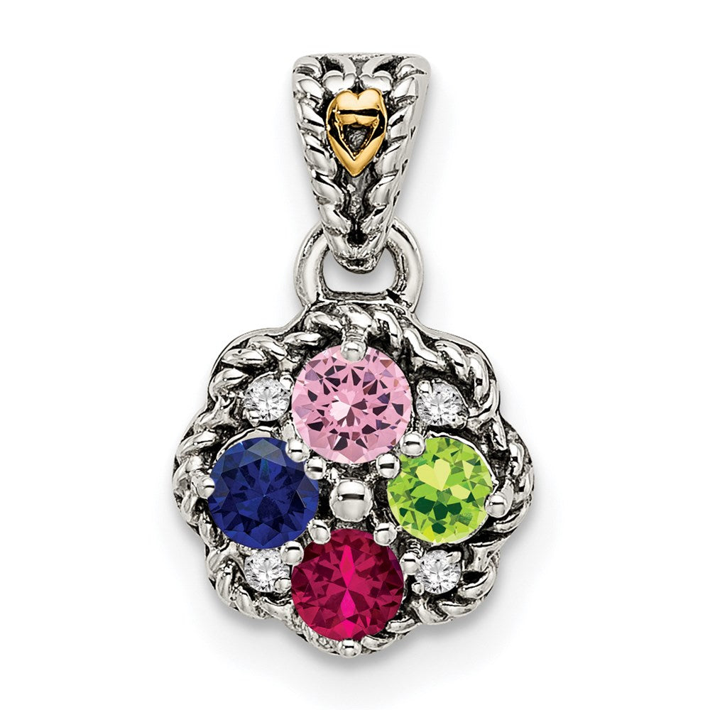 Sterling Silver Antiqued w/14K/Silver Two-Tone 4-stone W/diamond Mother's Pendant