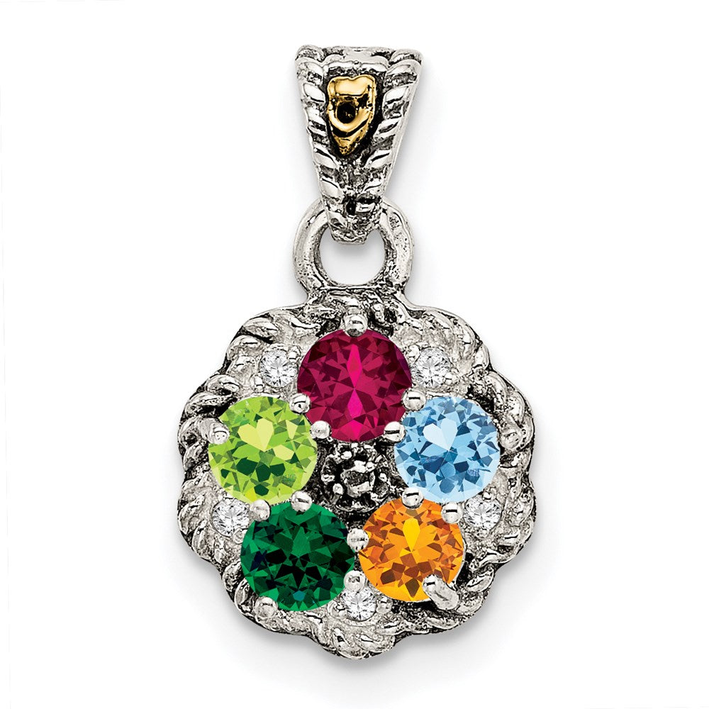 Sterling Silver Antiqued w/14K/Silver Two-Tone 5-stone W/diamond Mother's Pendant