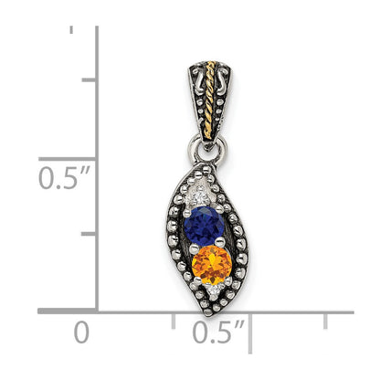 Sterling Silver Antiqued w/14K/Silver Two-Tone 2-stone W/diamond Mother's Pendant