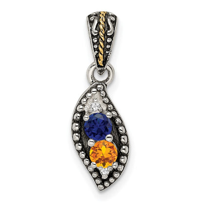 Sterling Silver Antiqued w/14K/Silver Two-Tone 2-stone W/diamond Mother's Pendant