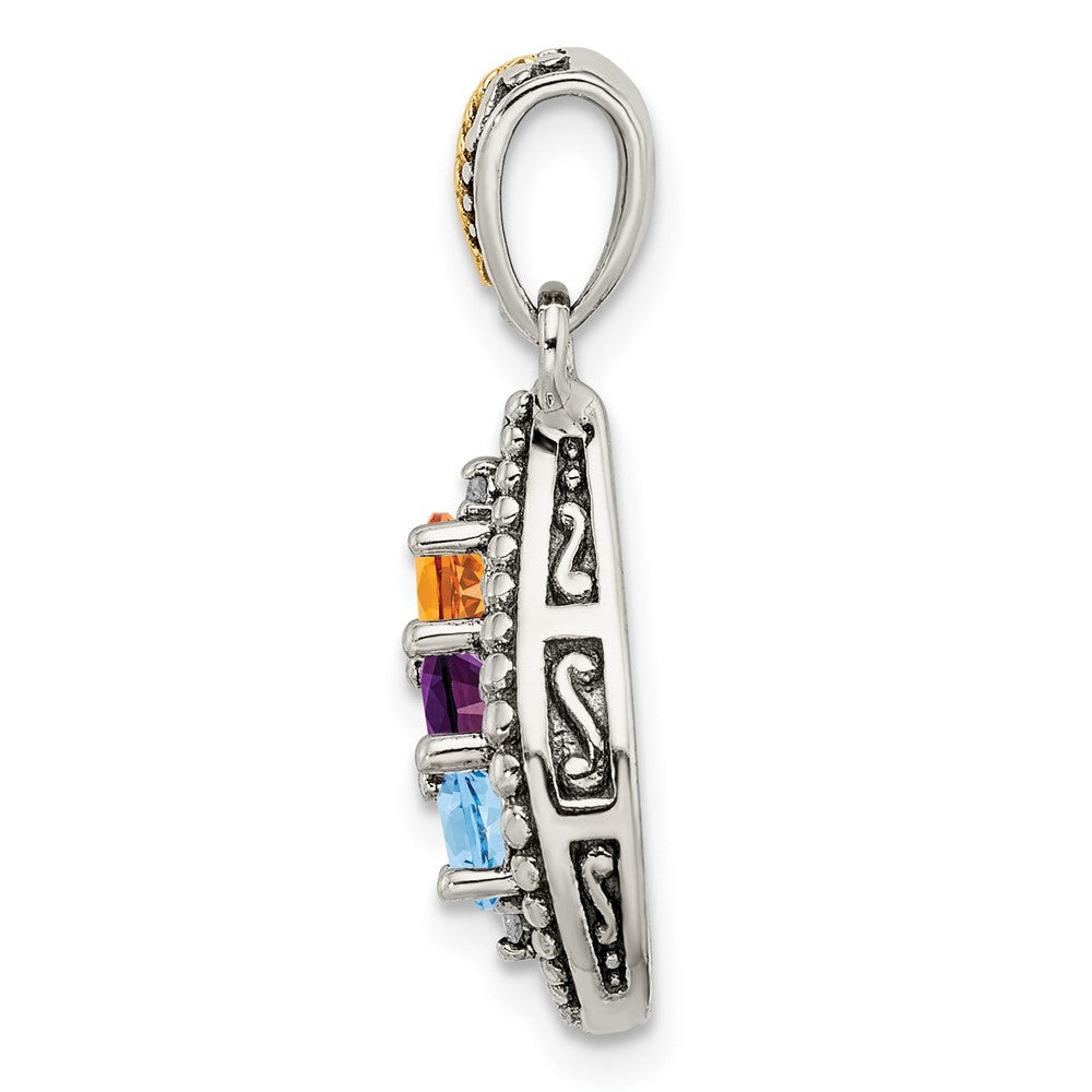 Sterling Silver Antiqued w/14K/Silver Two-Tone 3-stone W/diamond Mother's Pendant