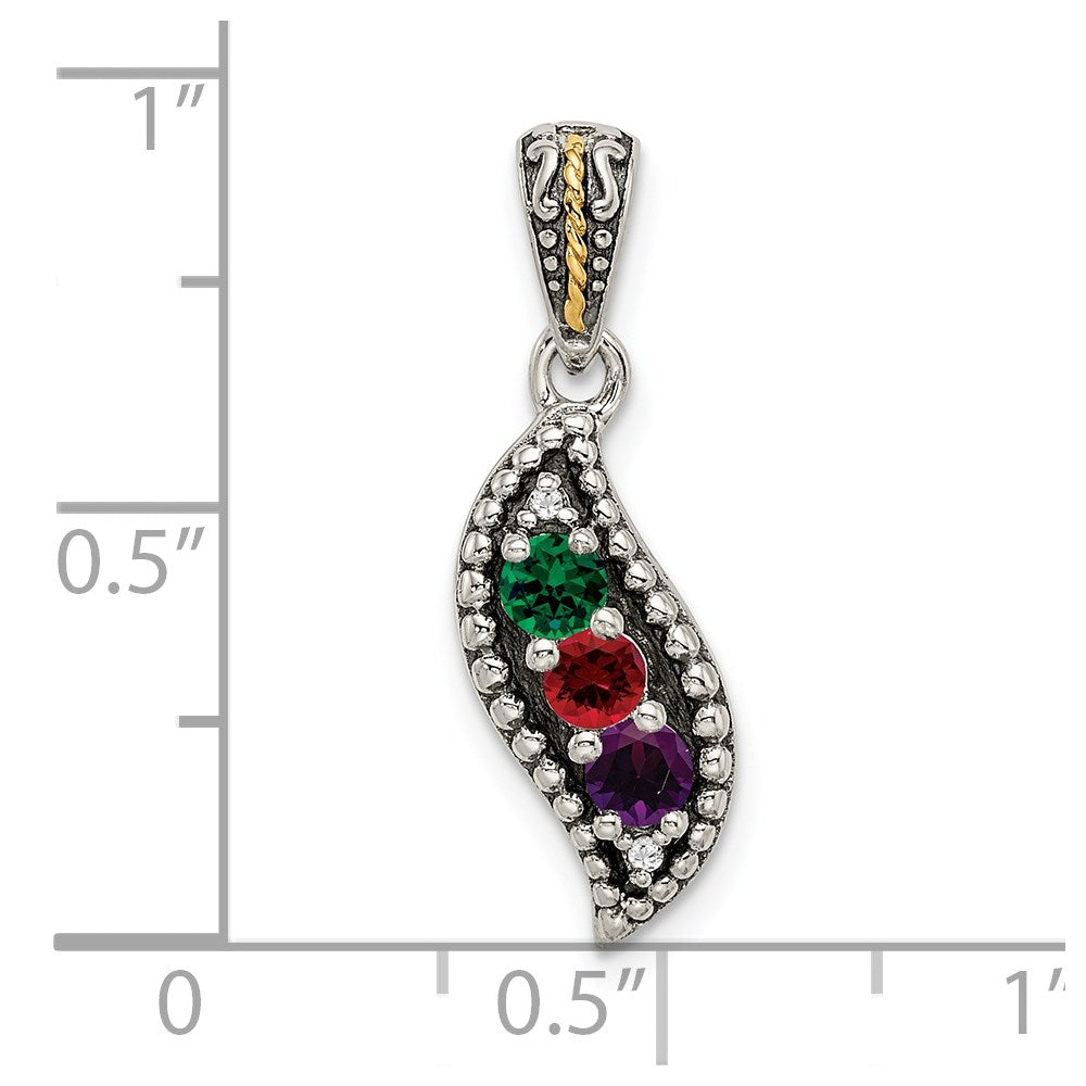 Sterling Silver Antiqued w/14K/Silver Two-Tone 3-stone W/diamond Mother's Pendant