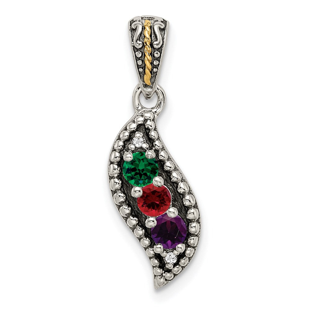 Sterling Silver Antiqued w/14K/Silver Two-Tone 3-stone W/diamond Mother's Pendant
