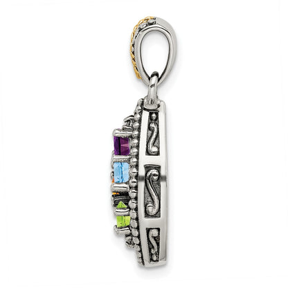 Sterling Silver Antiqued w/14K/Silver Two-Tone 4-stone W/diamond Mother's Pendant