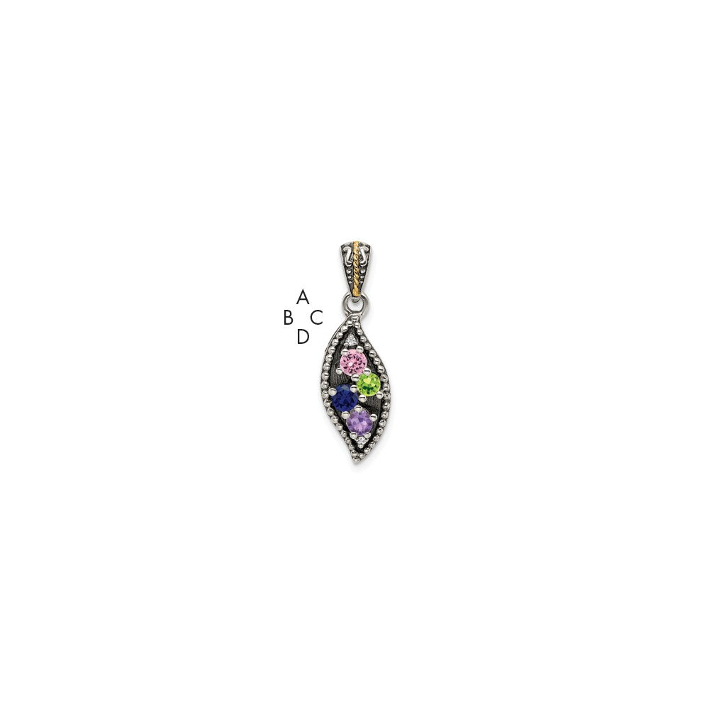 Sterling Silver Antiqued w/14K/Silver Two-Tone 4-stone W/diamond Mother's Pendant