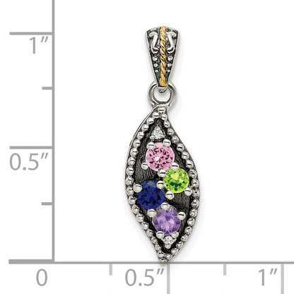 Sterling Silver Antiqued w/14K/Silver Two-Tone 4-stone W/diamond Mother's Pendant