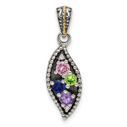 Sterling Silver Antiqued w/14K/Silver Two-Tone 4-stone W/diamond Mother's Pendant