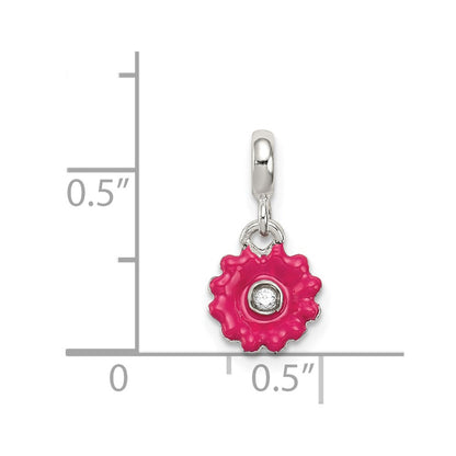 Sterling Silver Hot Pink Enamel Flower W/ Cz Enhancer