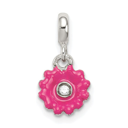 Sterling Silver Hot Pink Enamel Flower W/ Cz Enhancer