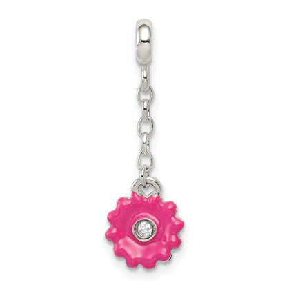 Sterling Silver Pink Enamel Flower W/ Cz 1/2In Dangle Enhancer