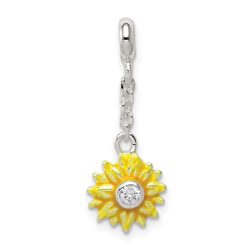 Sterling Silver Yellow Enameled Flower W/Cz 1/2In Dangle Enhancer
