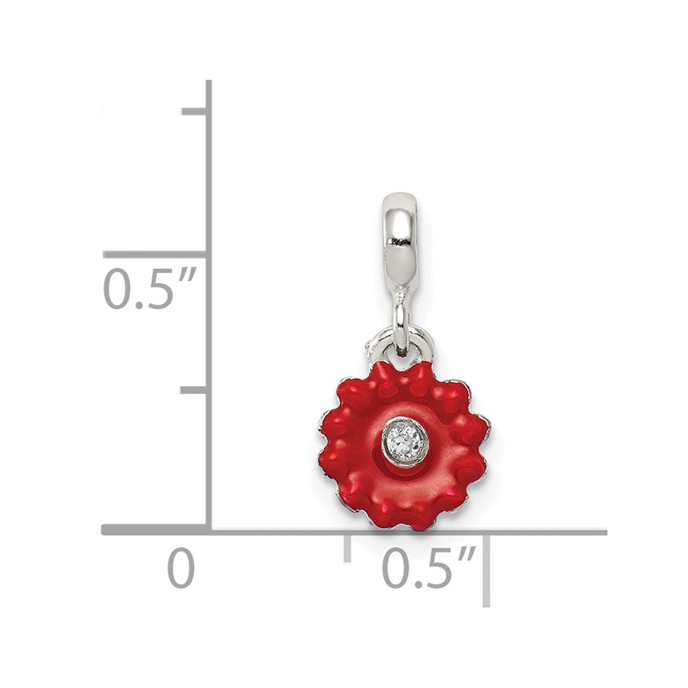 Sterling Silver Red Enameled Flower W/Cz Enhancer