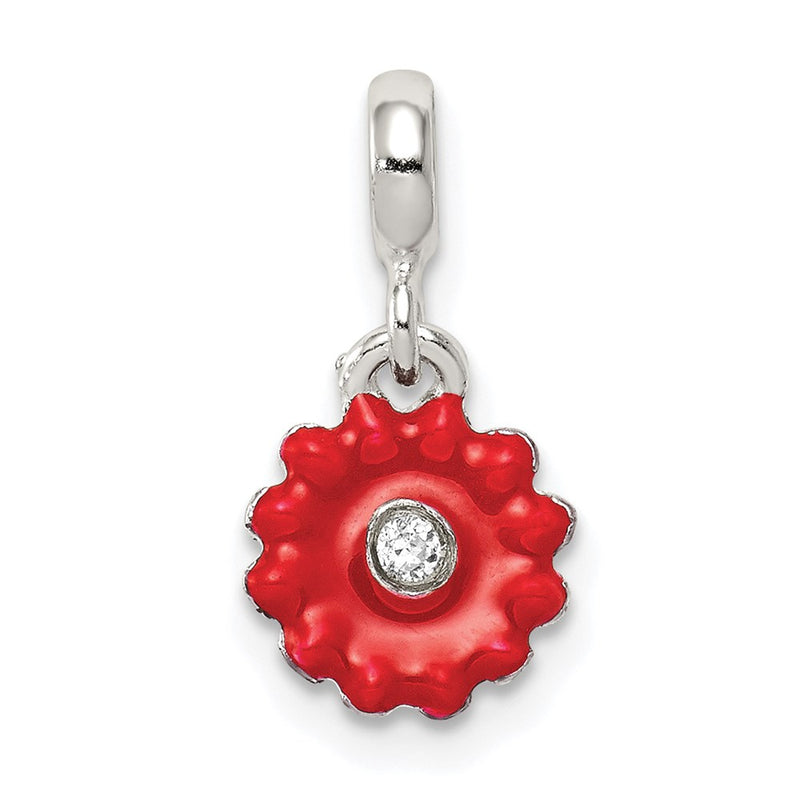 Sterling Silver Red Enameled Flower W/Cz Enhancer