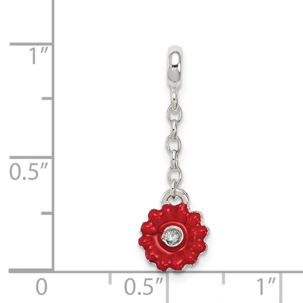 Sterling Silver Red Enameled Flower W/Cz 1/2In Dangle Enhancer